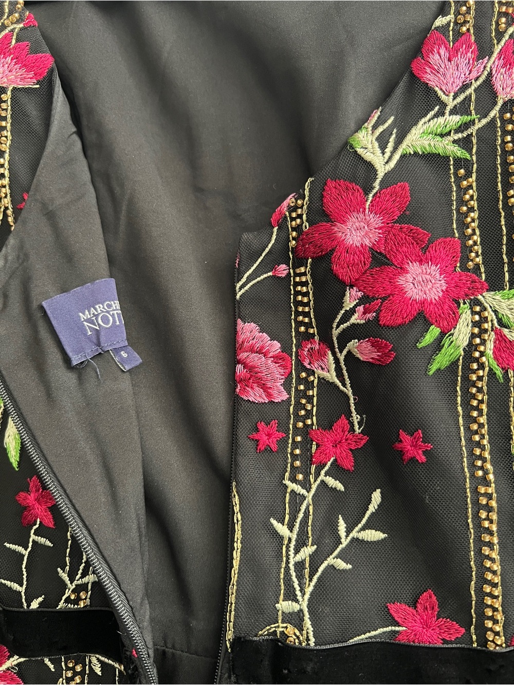 MARCHESA NOTTE Black Sleeveless Floral Embroidered Cocktail Dress in Pink Size 6 - Picture 4 of 4